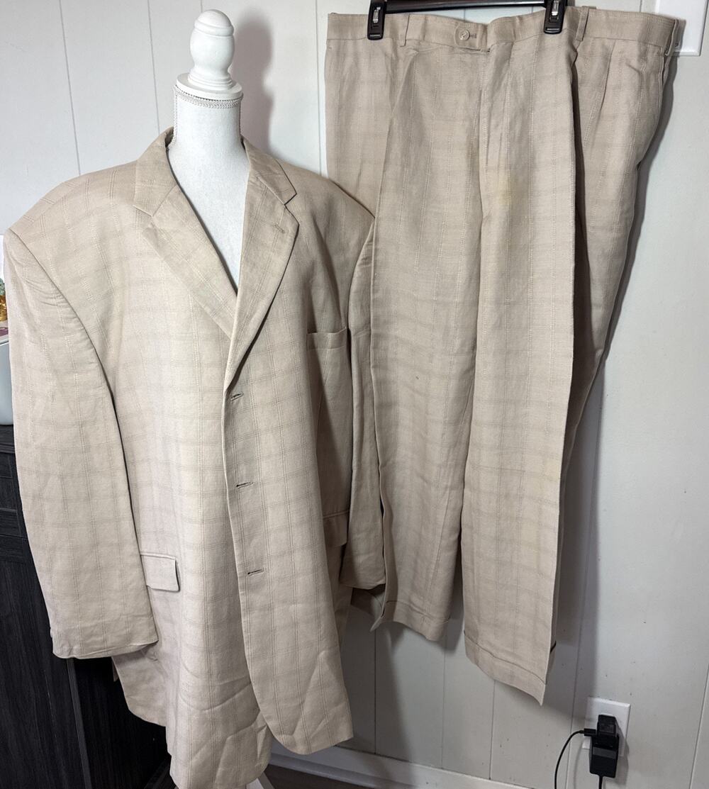 Vintage Rare Phat Farm Suit Men 54L 3 Piece Premium Linen, Viscose, Beige Set T4